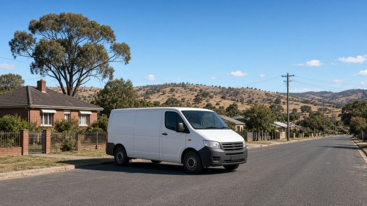 White van in a quiet street with brick homes and dry hills behind