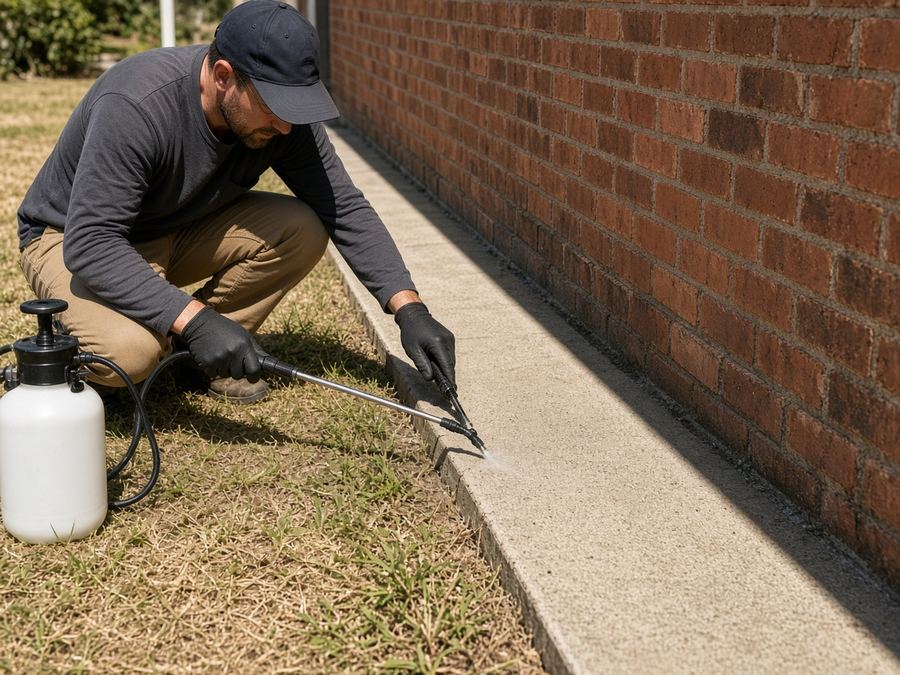 Technician treating the edge of a path beside a brick wall