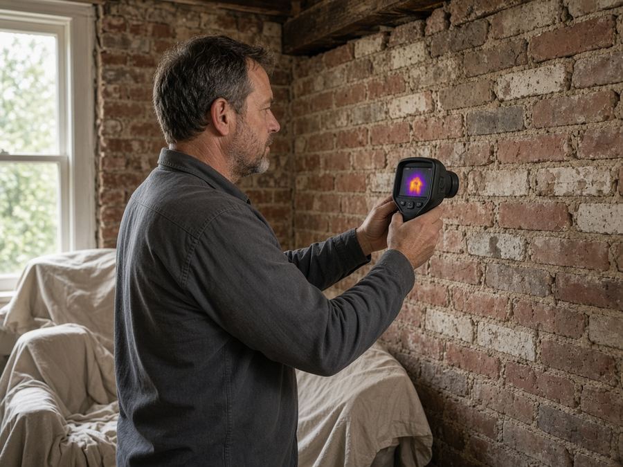 Inspector scanning a brick wall with a thermal camera