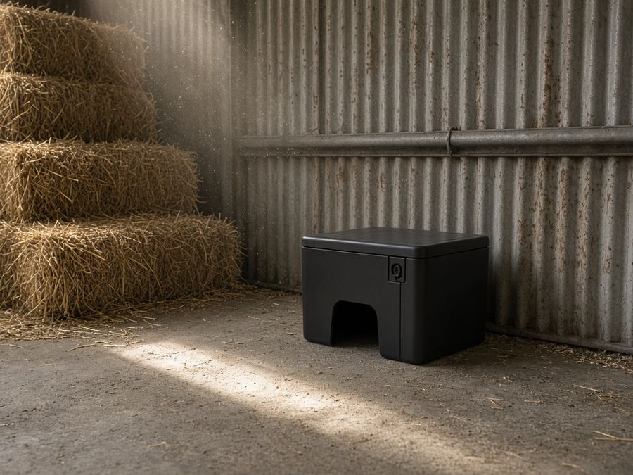 Lockable rodent bait station in a farm shed beside hay bales