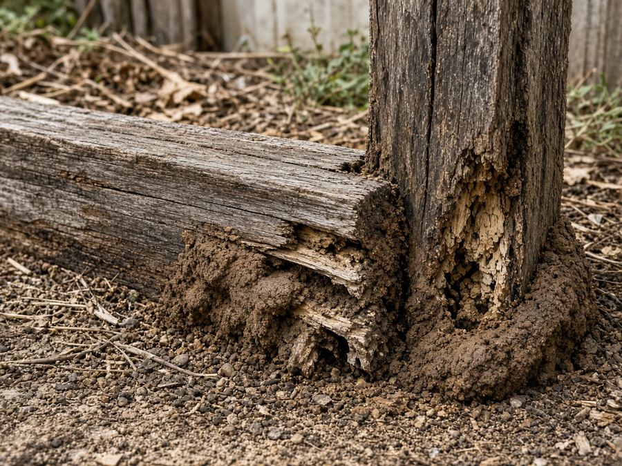 Termite damage and mud packing at the base of an old timber post and garden sleeper