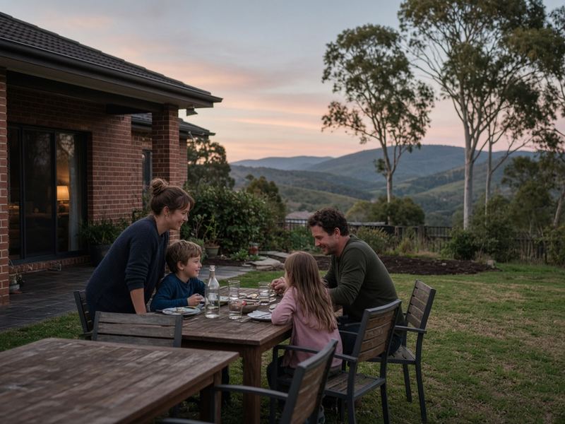 Family eating dinner at an outdoor table in a backyard at dusk