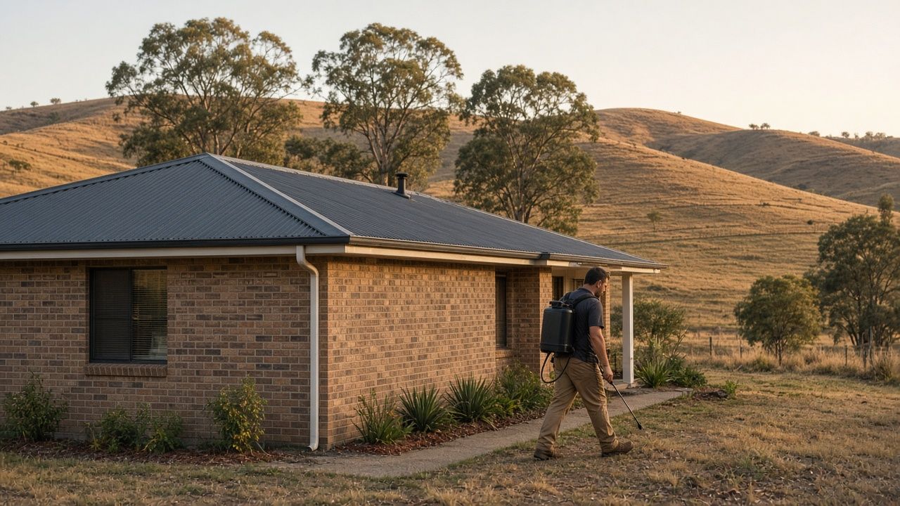 Pest control technician with a backpack sprayer walking beside a brick home with dry hills behind