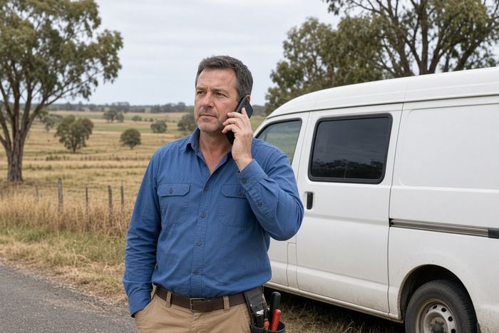 Pest control technician on the phone beside a white van on a country road