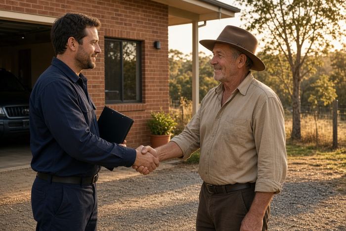 Technician shaking hands with a homeowner outside a brick home